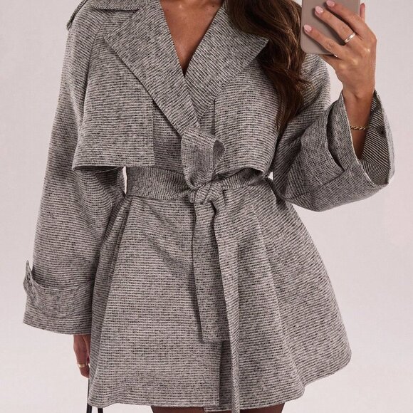 Grey Casual Women's Drop-Shoulder Sleeve Plaid Oversized Trench Coats - Picture 5 of 8